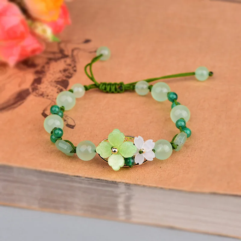 Bead Bracelet Men - Zielonego jadeitu kwiatowa bransoletka Amulet amulety
